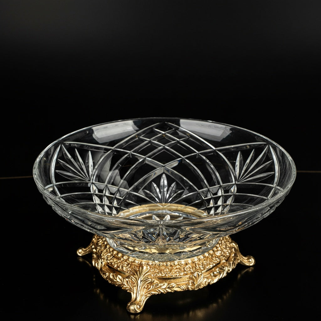 Close up detail of geometric glass pattern and scrolled metalwork