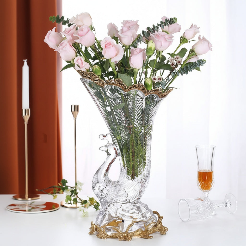 Front view of crystal peacock cornucopia vase with roses
