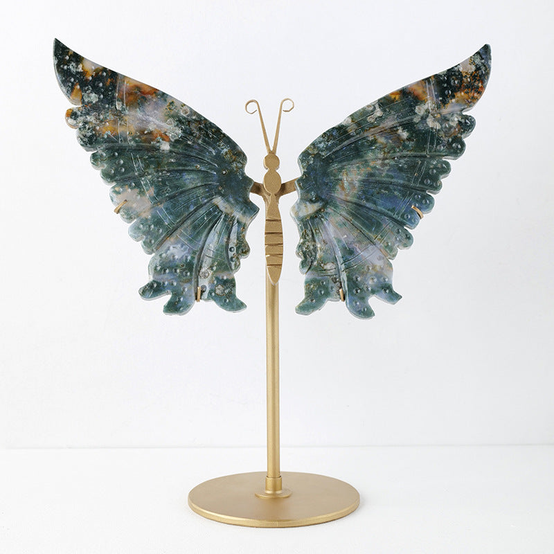 Green moss agate style crystal butterfly sculpture on gold stand