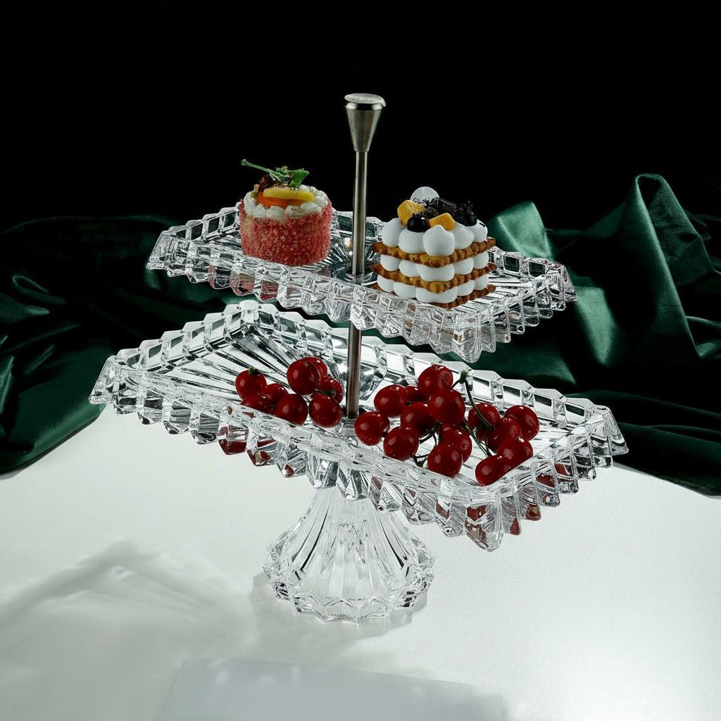 Angled view of 2-tier glass stand with pastries and fruit