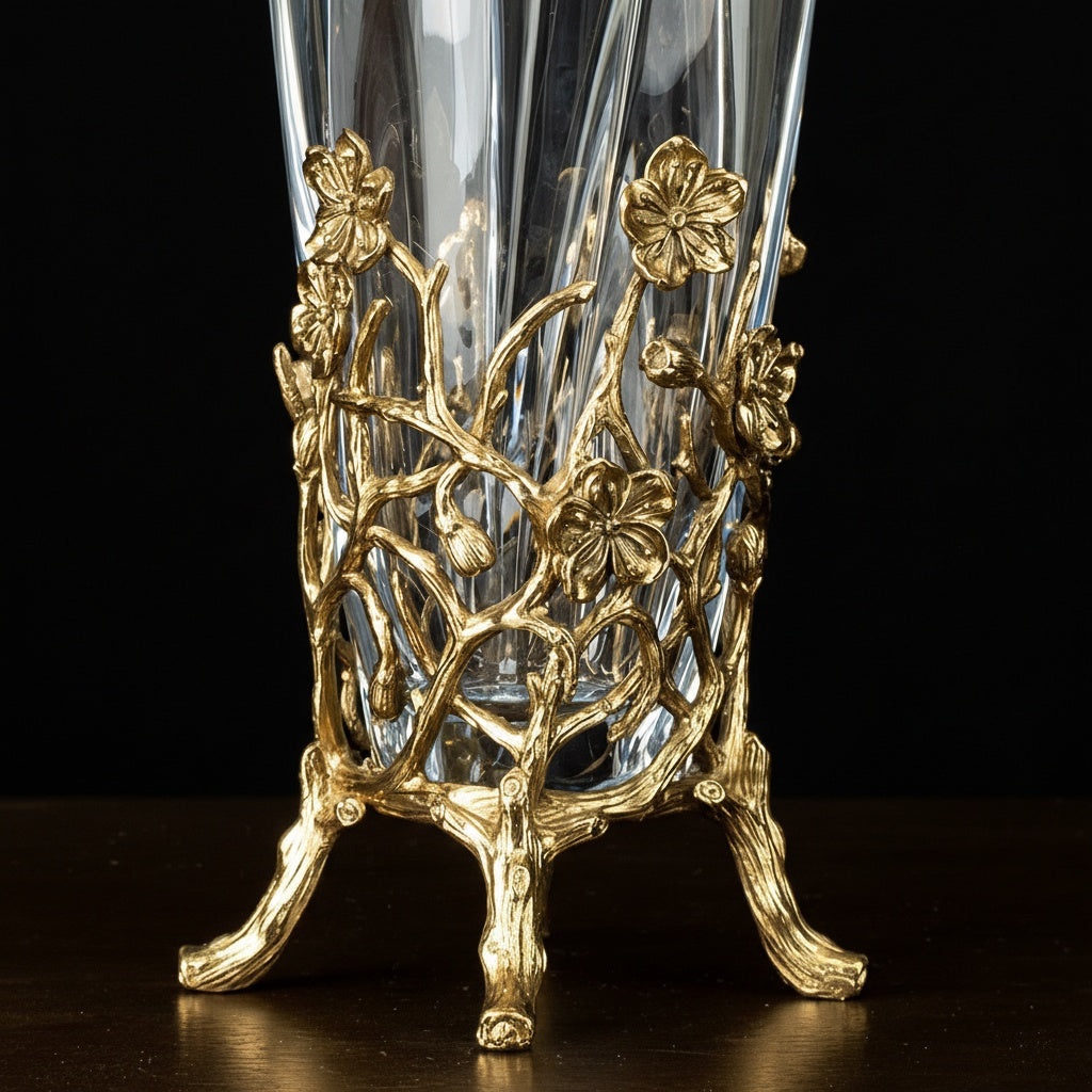 Close up detail of brass floral branch base and crystal glass