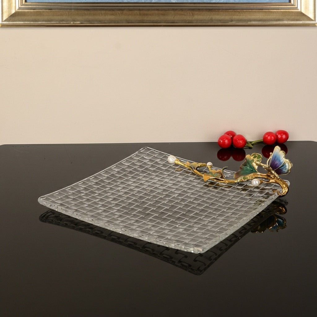 Front view of woven crystal tray with enamel butterfly detail