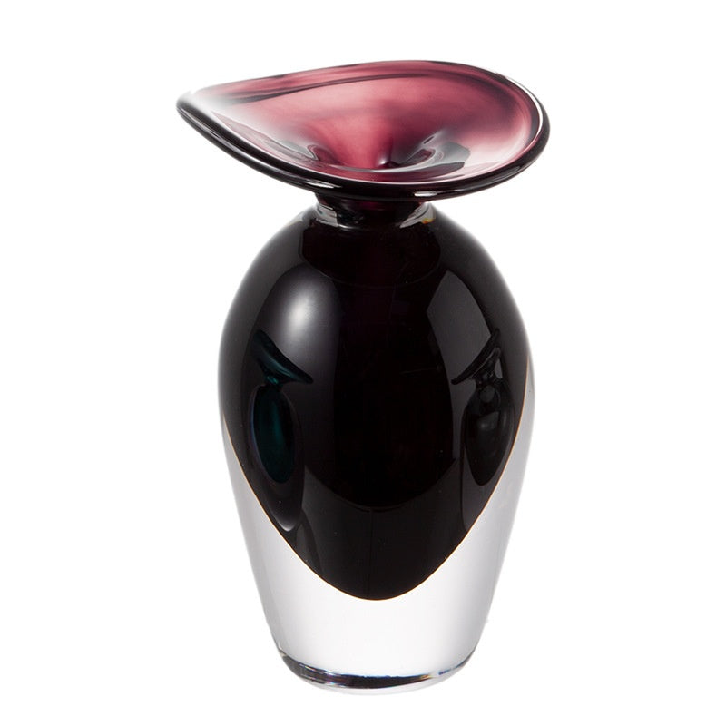 Tall purple crystal glass vase with flared rim front view