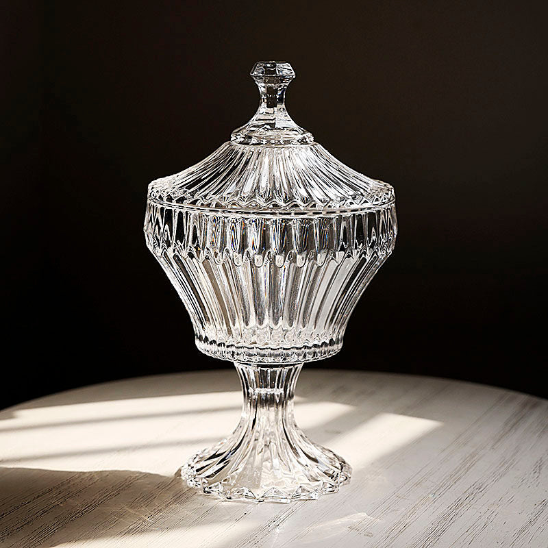 Crystal glass fluted lidded jar on table