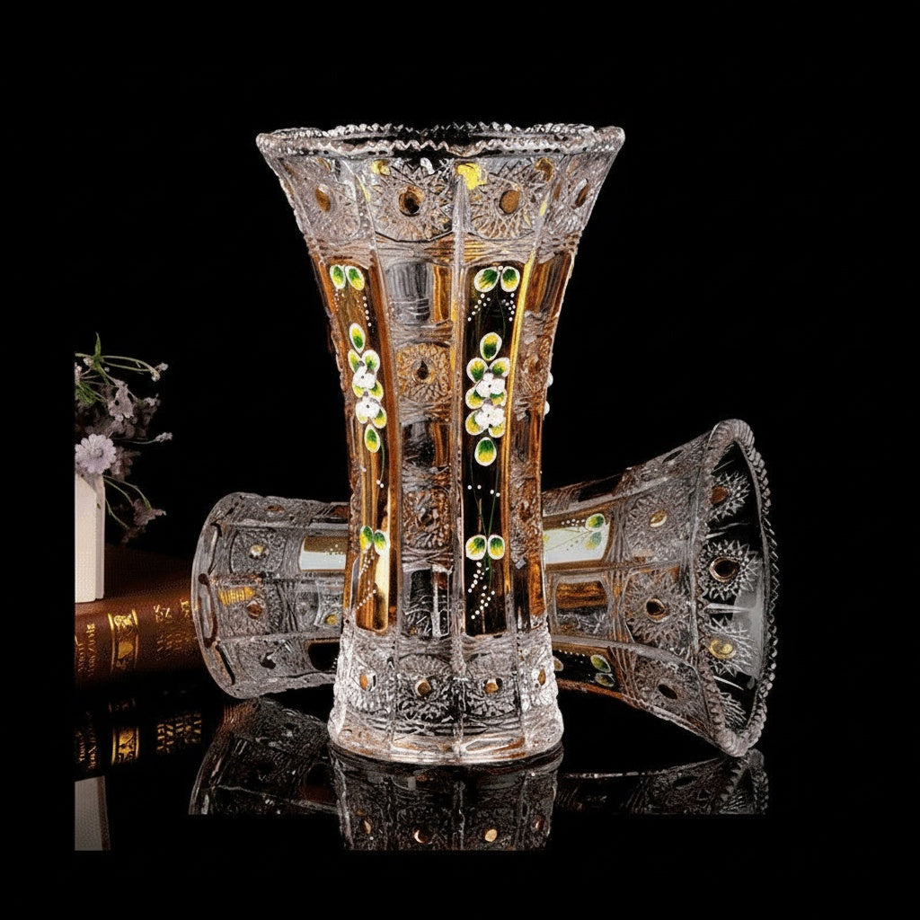 Front view of crystal glass and gold flared vase with floral details