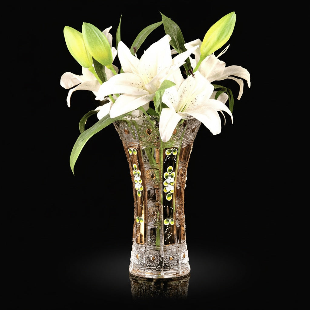 Angled view of crystal glass vase with lilies showing rim detail