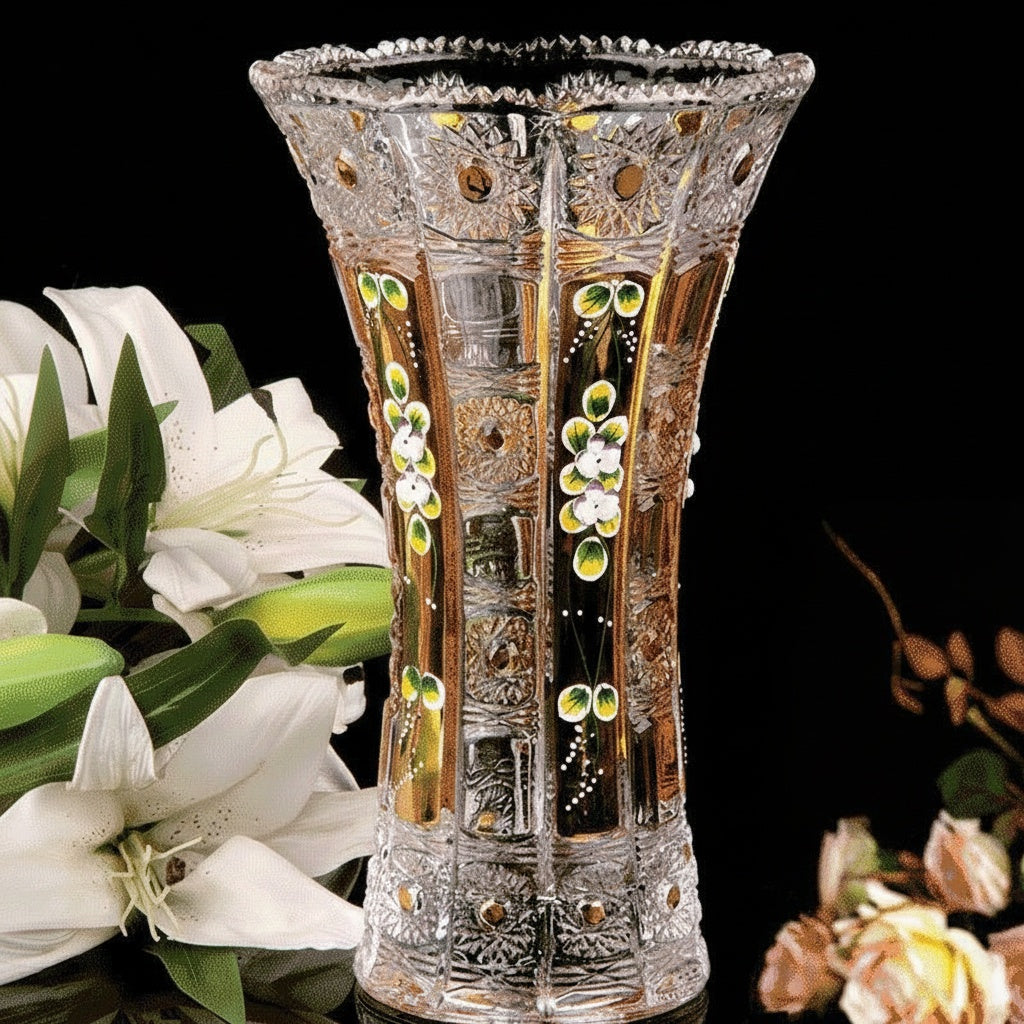 Side view of crystal glass and gold vase with floral arrangement