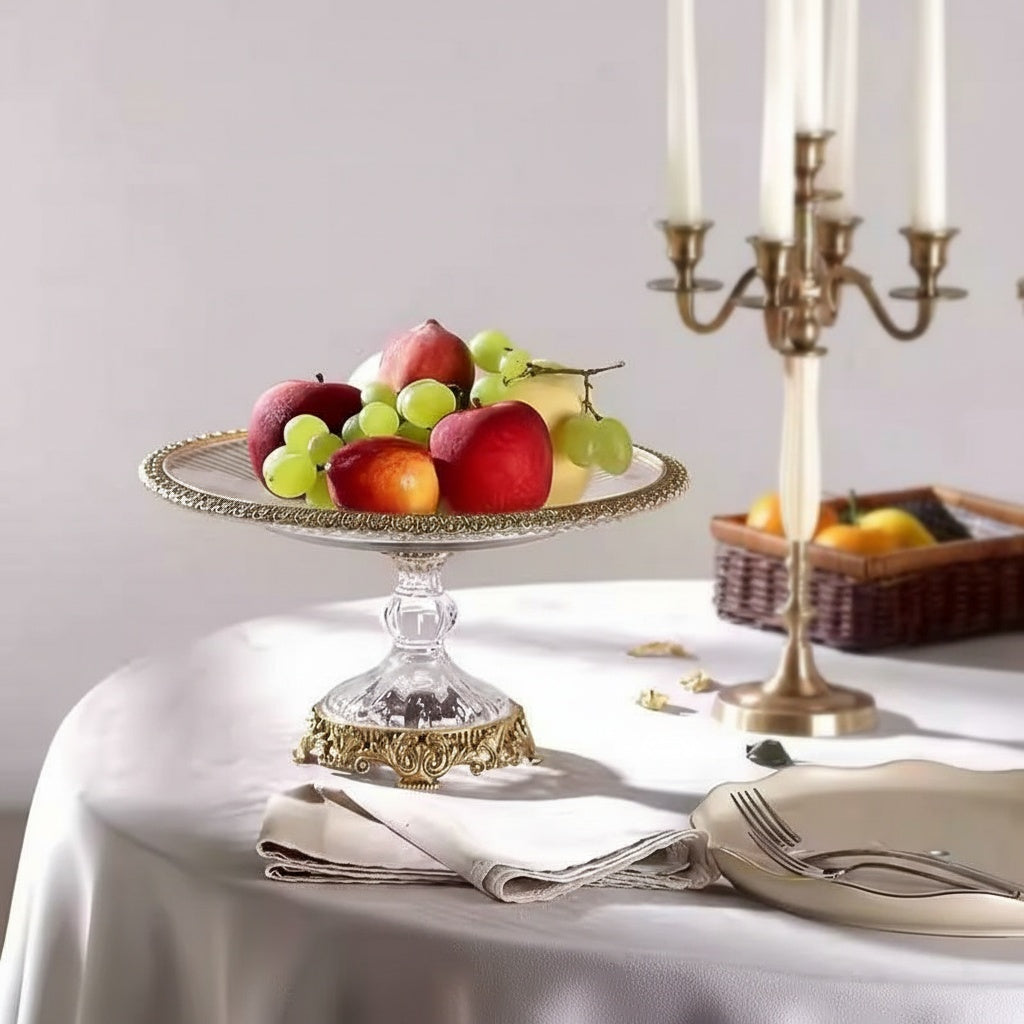 Side view of crystal pedestal bowl filled with fruit