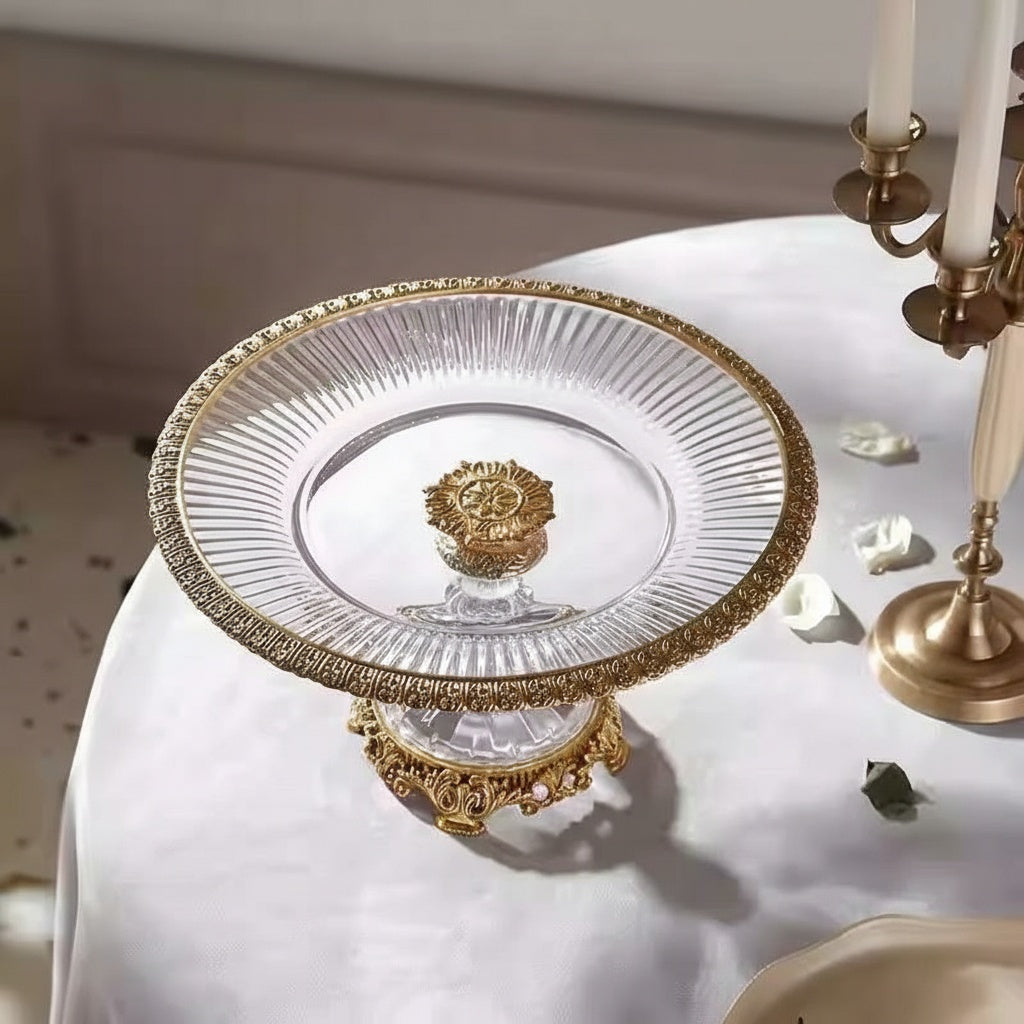 High angle view showing ribbed glass texture and gold center detail