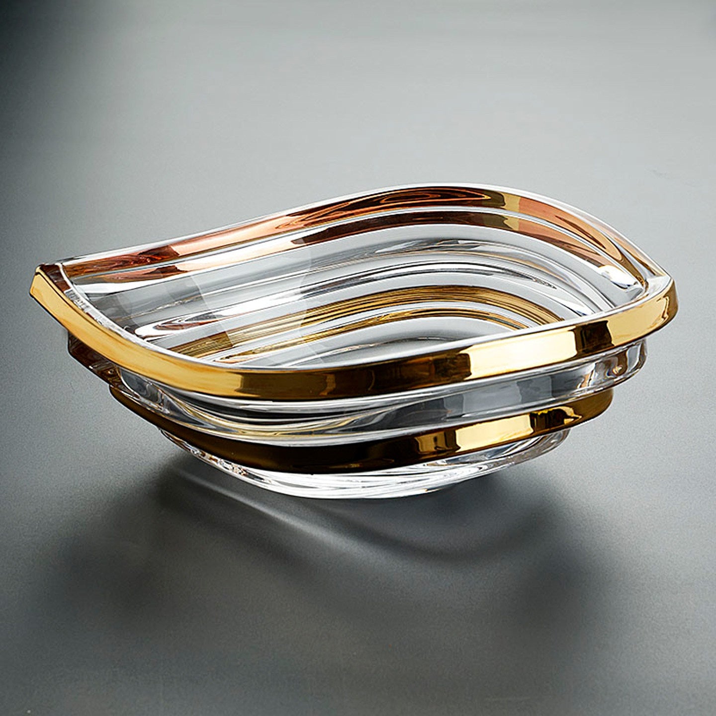 Crystal glass leaf shaped fruit bowl with gold rim