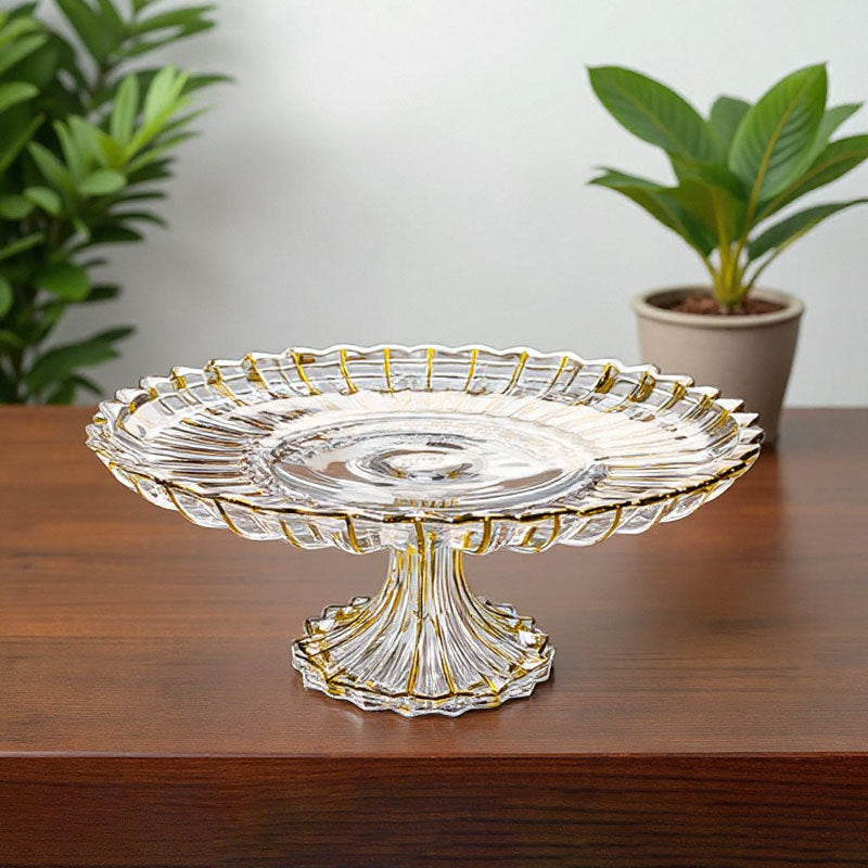 Clear crystal cake stand with gold rim front view