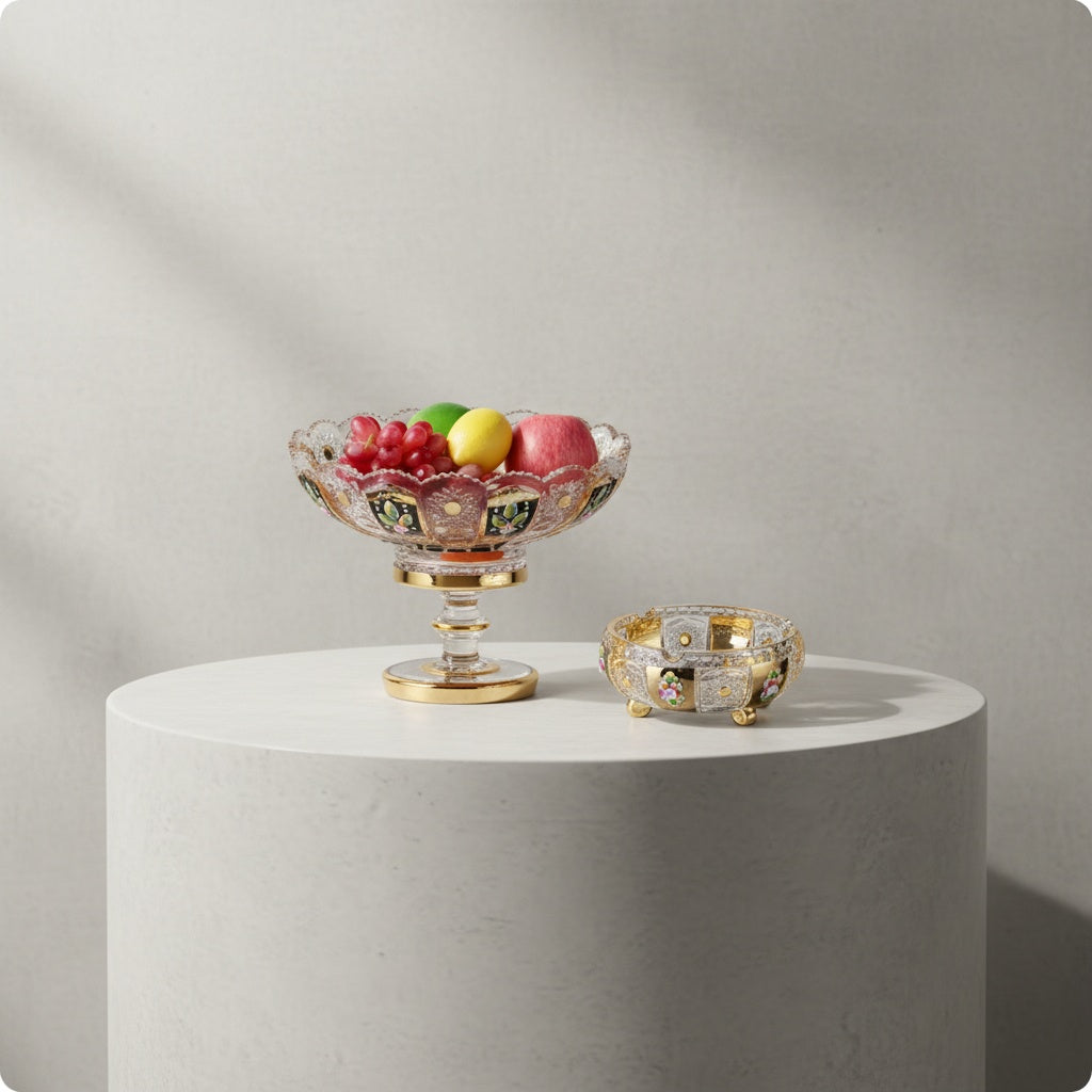 Crystal pedestal bowl and medium bowl set styled on dark table