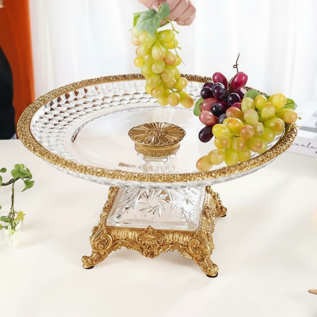 High angle view of crystal fruit stand showing gold rim