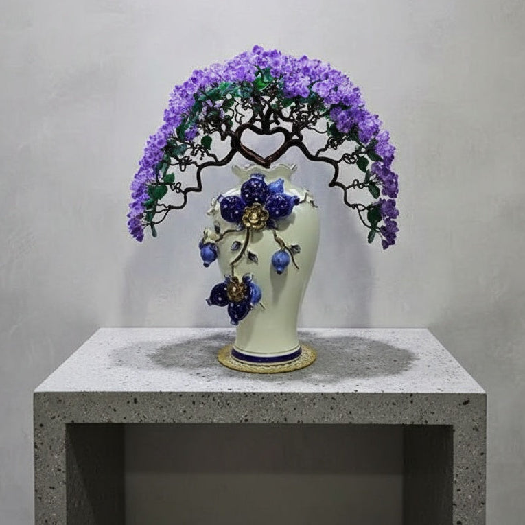 Front view of purple crystal bonsai with heart shape in ceramic vase
