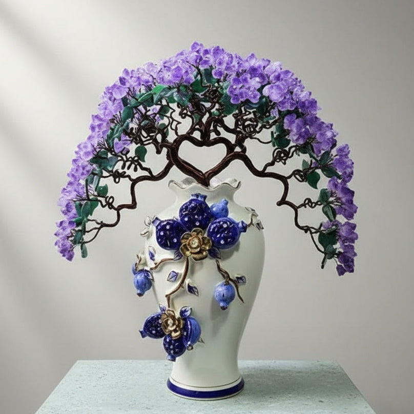 Angled view of purple crystal floral sculpture