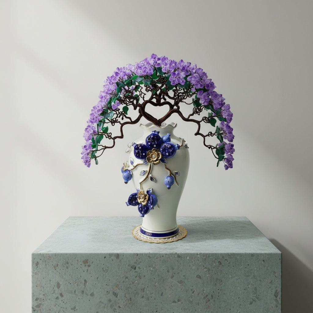 Detail view of purple crystal leaves and ceramic vase