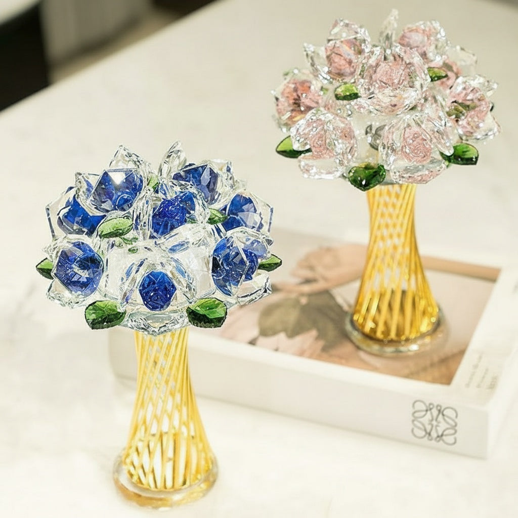 K9 crystal rose bouquet figurine with gold alloy stand blue and pink options