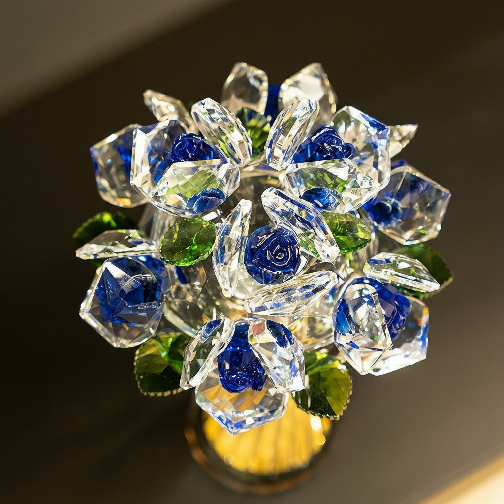 Top view detail of blue crystal rose petals and green leaves