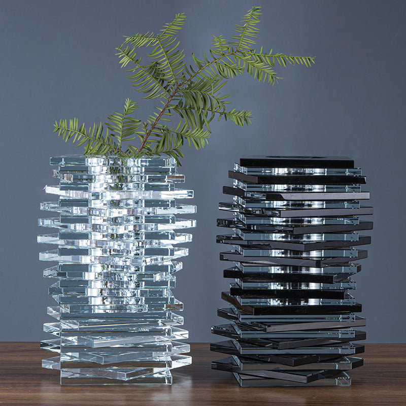 Transparent crystal stacked vase with greenery