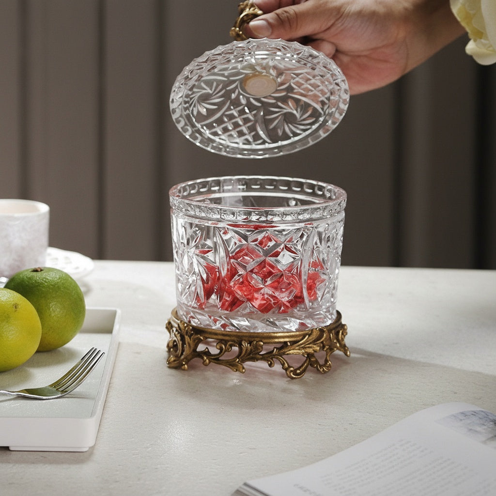 Open cut glass jar with brass base filled with red candies
