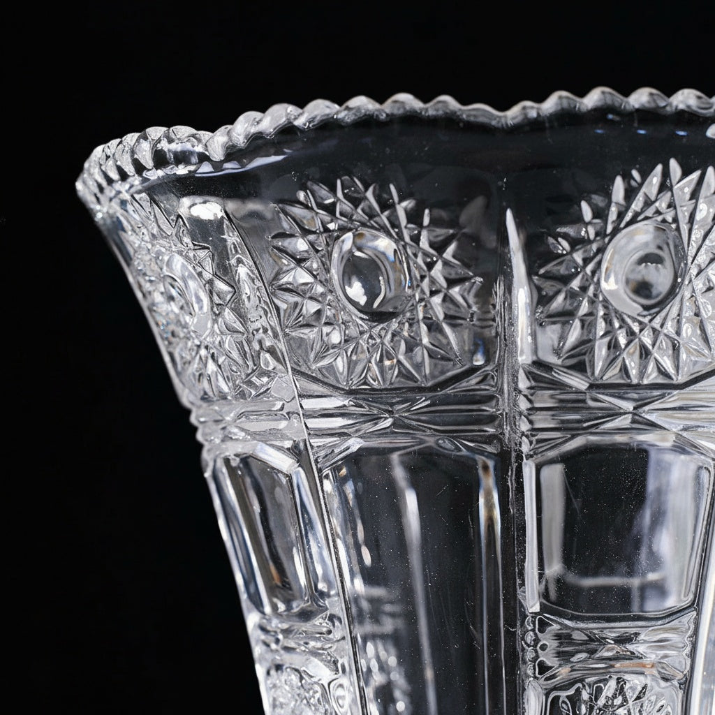 Close up detail of glass cutting pattern and rim