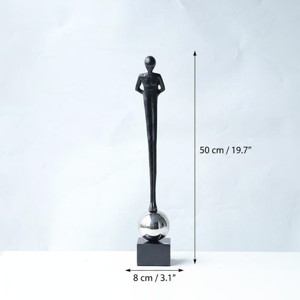 Side view of sitting figure sculpture showing dimensions