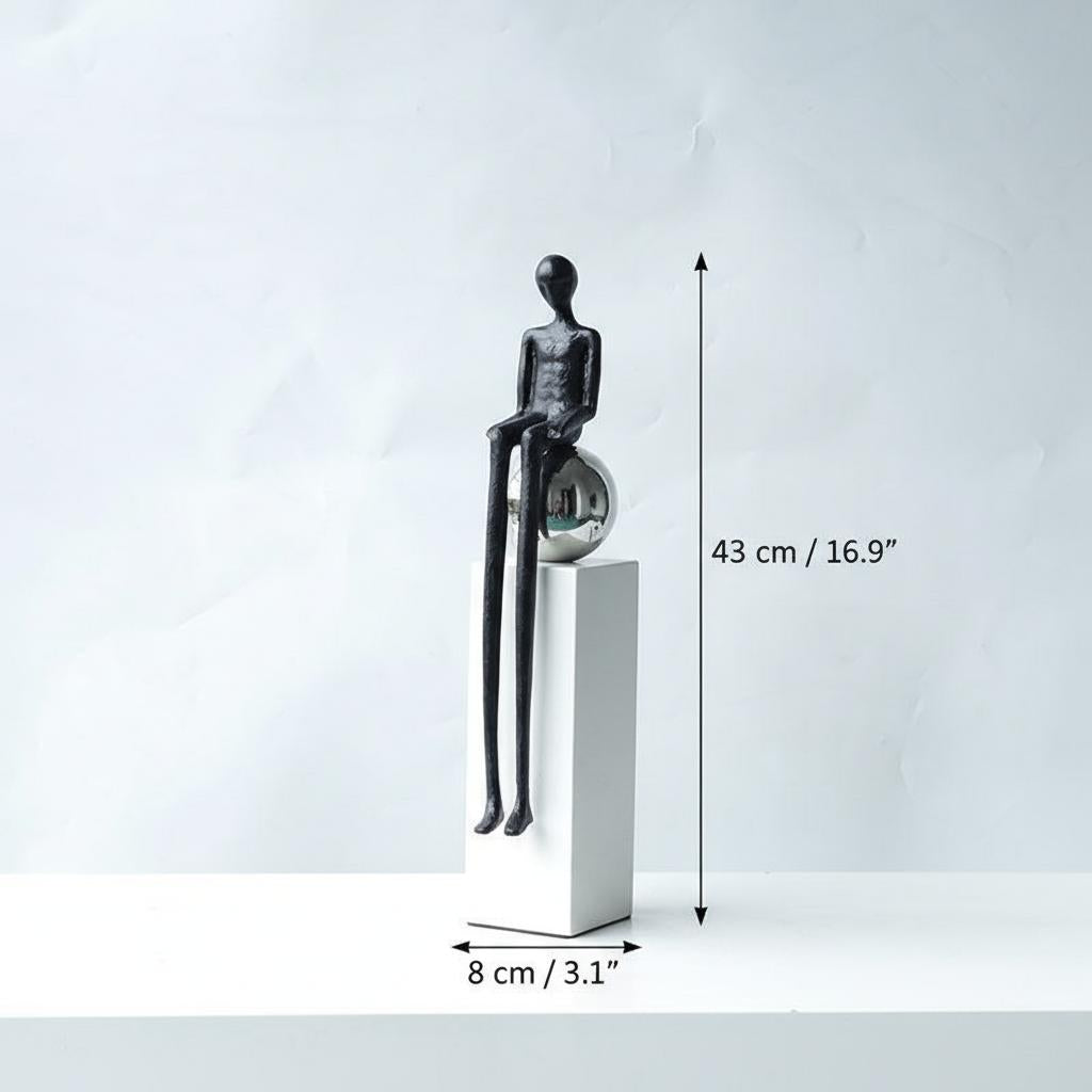 Side view of standing figure sculpture showing dimensions