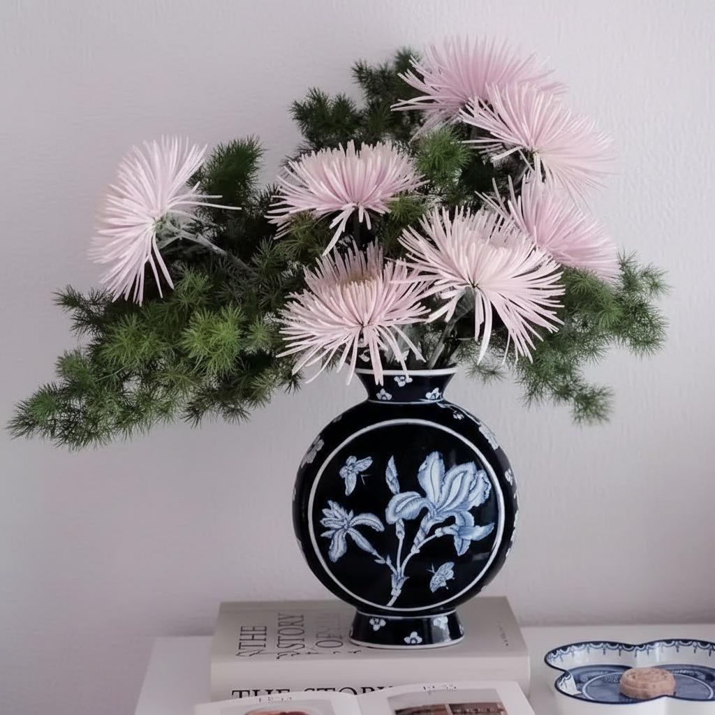Lifestyle shot of dark blue vase with pink flowers