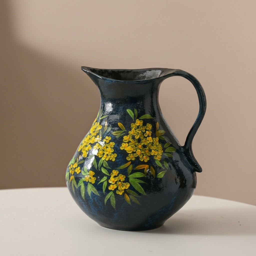 Dark blue ceramic pitcher vase with yellow flowers on white table