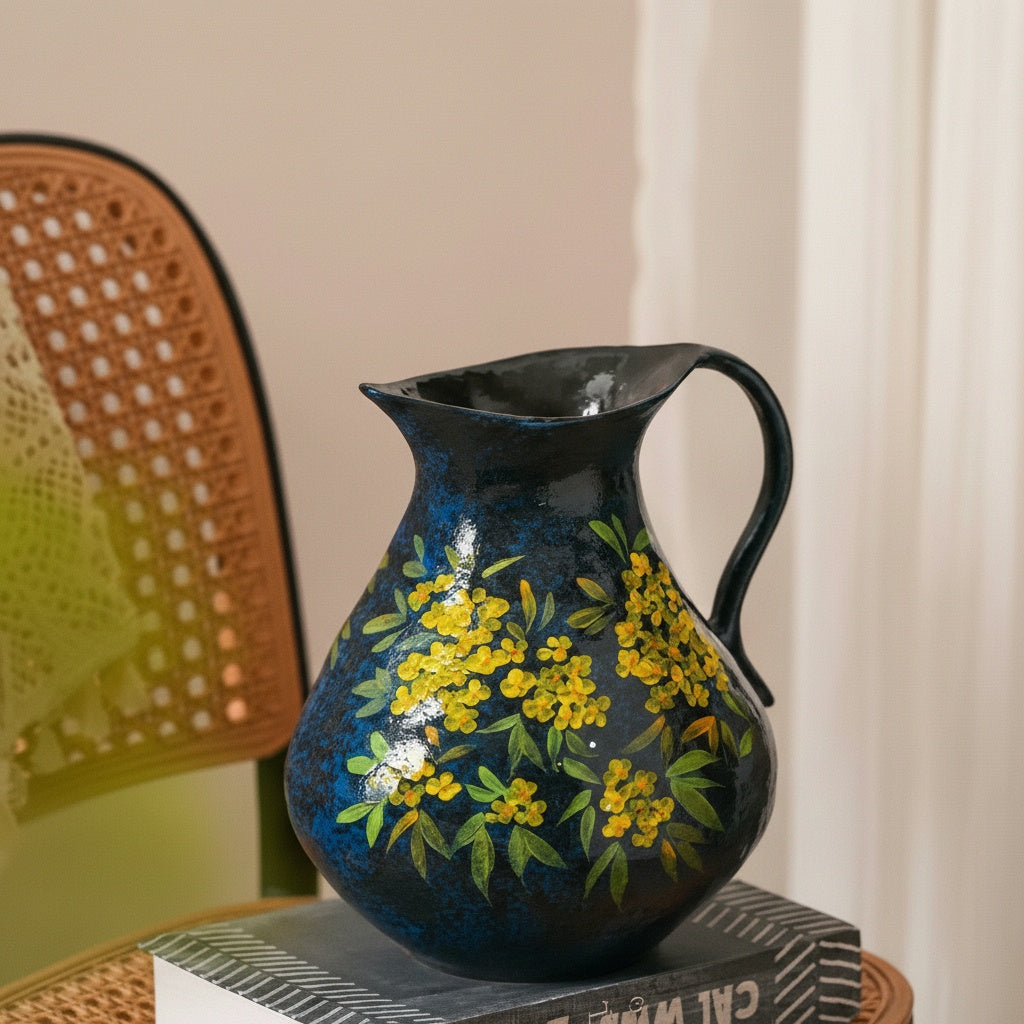 Side view of floral patterned pitcher vase on books
