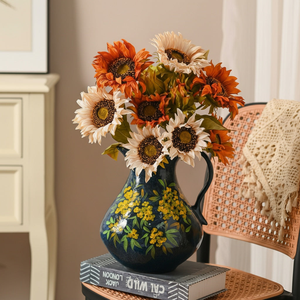 Blue pitcher vase filled with sunflowers on chair