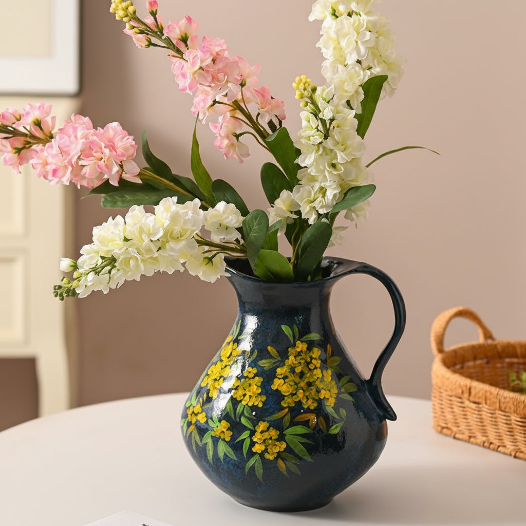 Ceramic pitcher vase with pink and white flowers