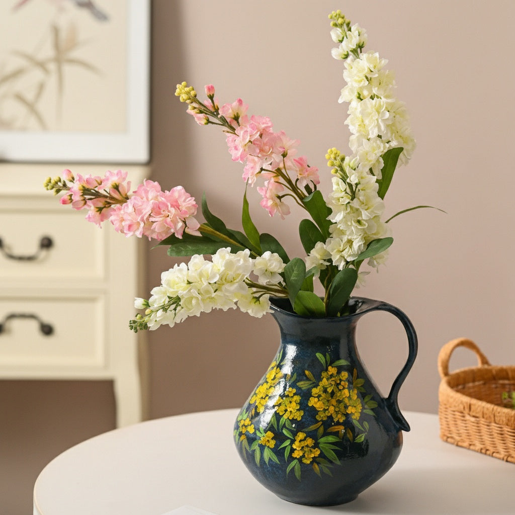 Angled view of hand painted floral vase with handle