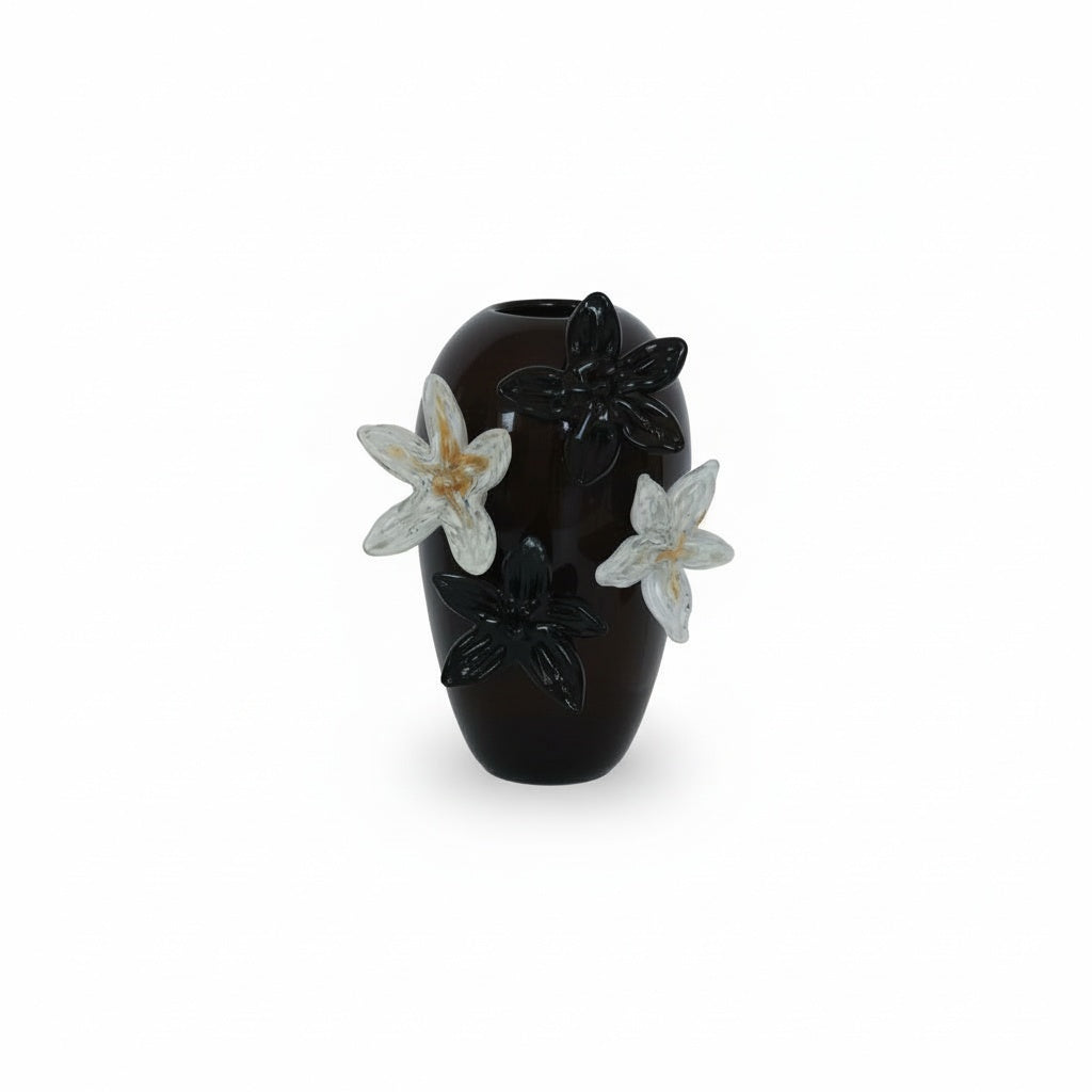 Dark Floral Art Glass Oval Vase Studio View