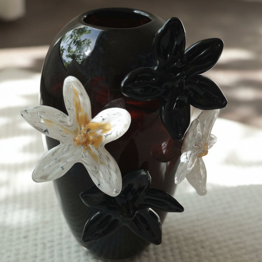 Dark Floral Art Glass Oval Vase Natural Light View
