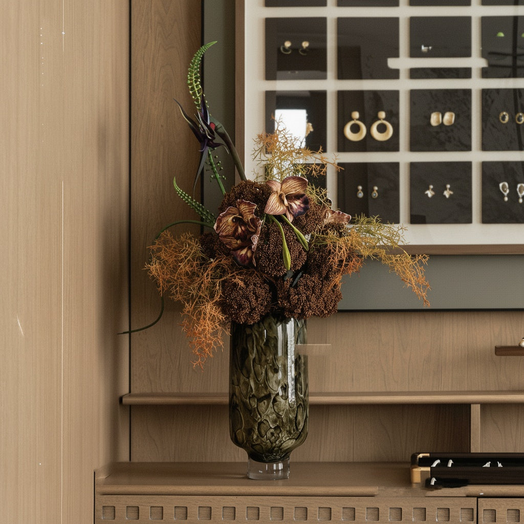 Dark Metallic Patterned Glass Cylindrical Vase Lifestyle