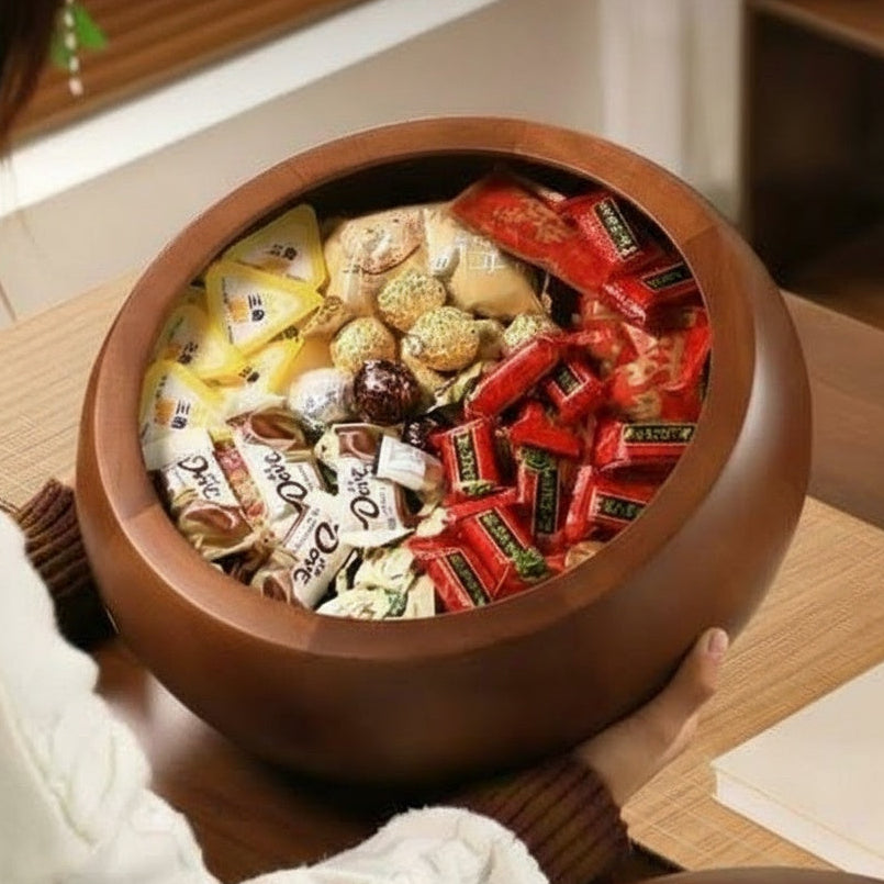 Top view of open snack box filled with candies