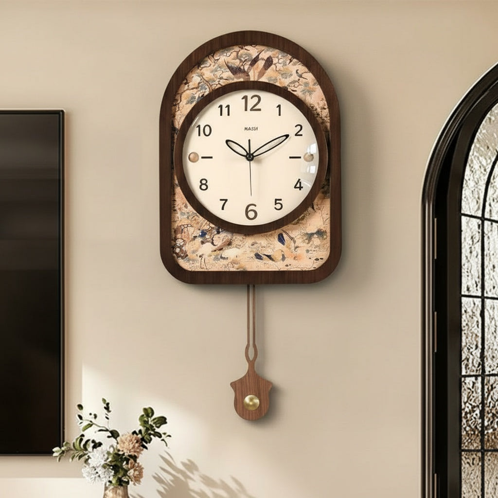 Angled view of decorative wooden wall clock with patterned face