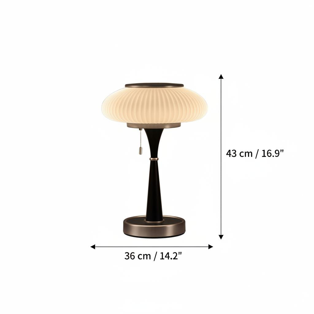 Dimensions diagram of wood and brass table lamp