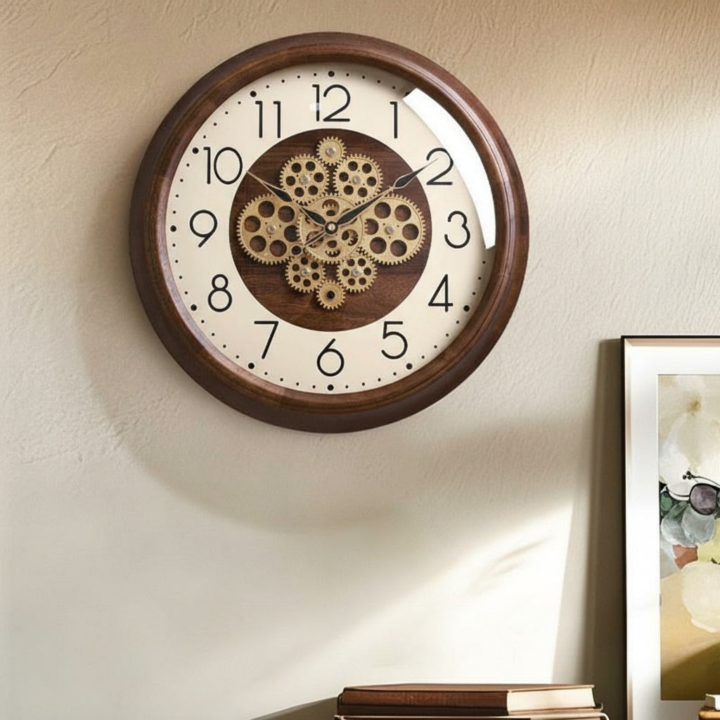 Perspective view of round wood and gear wall clock in room setting