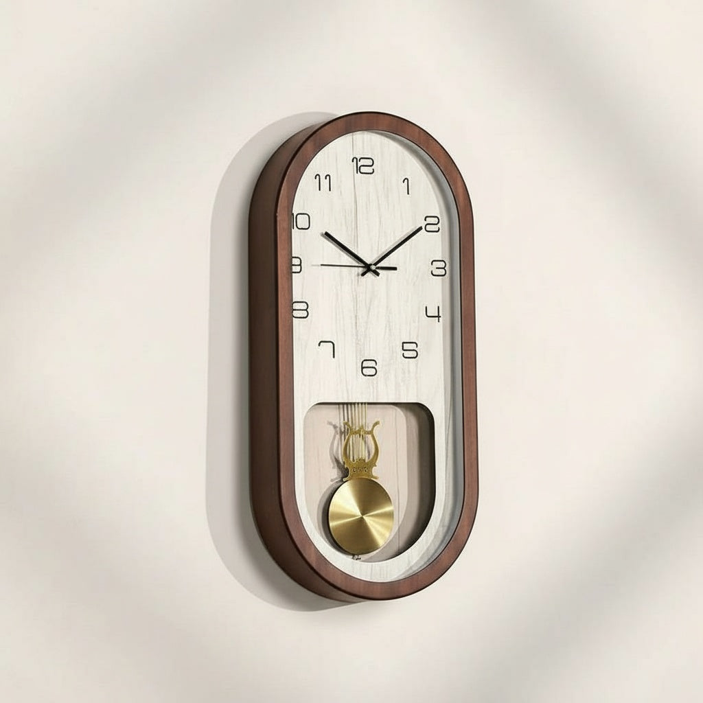 Front view of dark wood oblong pendulum wall clock