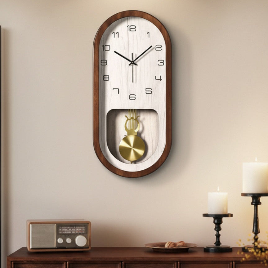 In-situ view of dark wood pendulum clock on wall