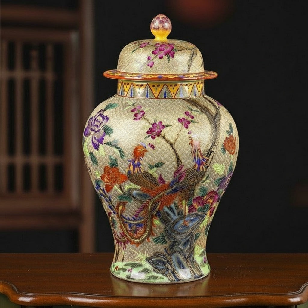 Decorative Enamel Floral And Bird Ginger Jar