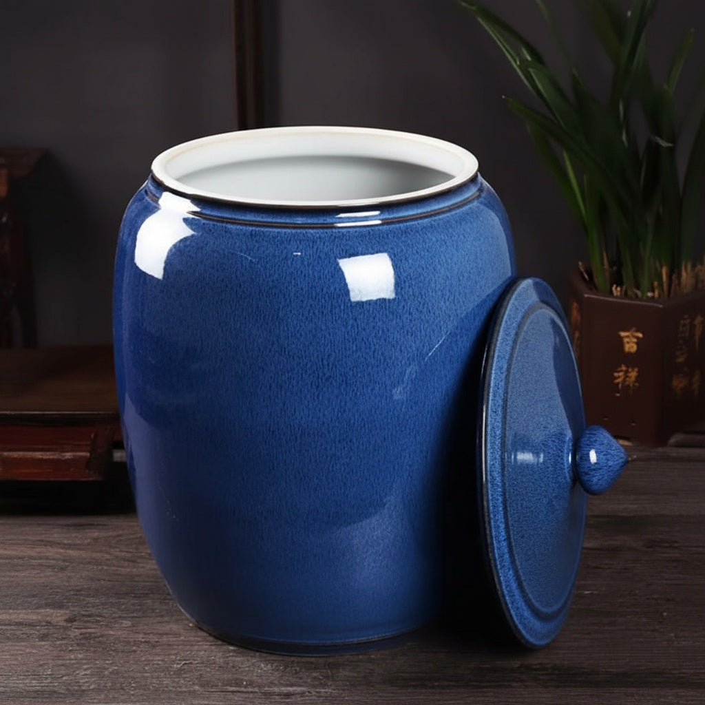 Deep Blue Glazed Ceramic Lidded Jar with Lid Open
