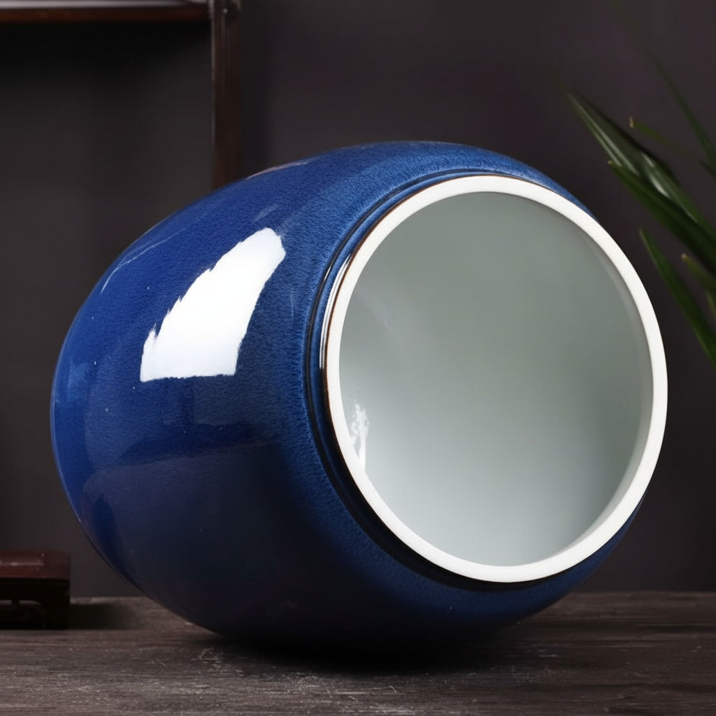 Deep Blue Glazed Ceramic Lidded Jar Interior View