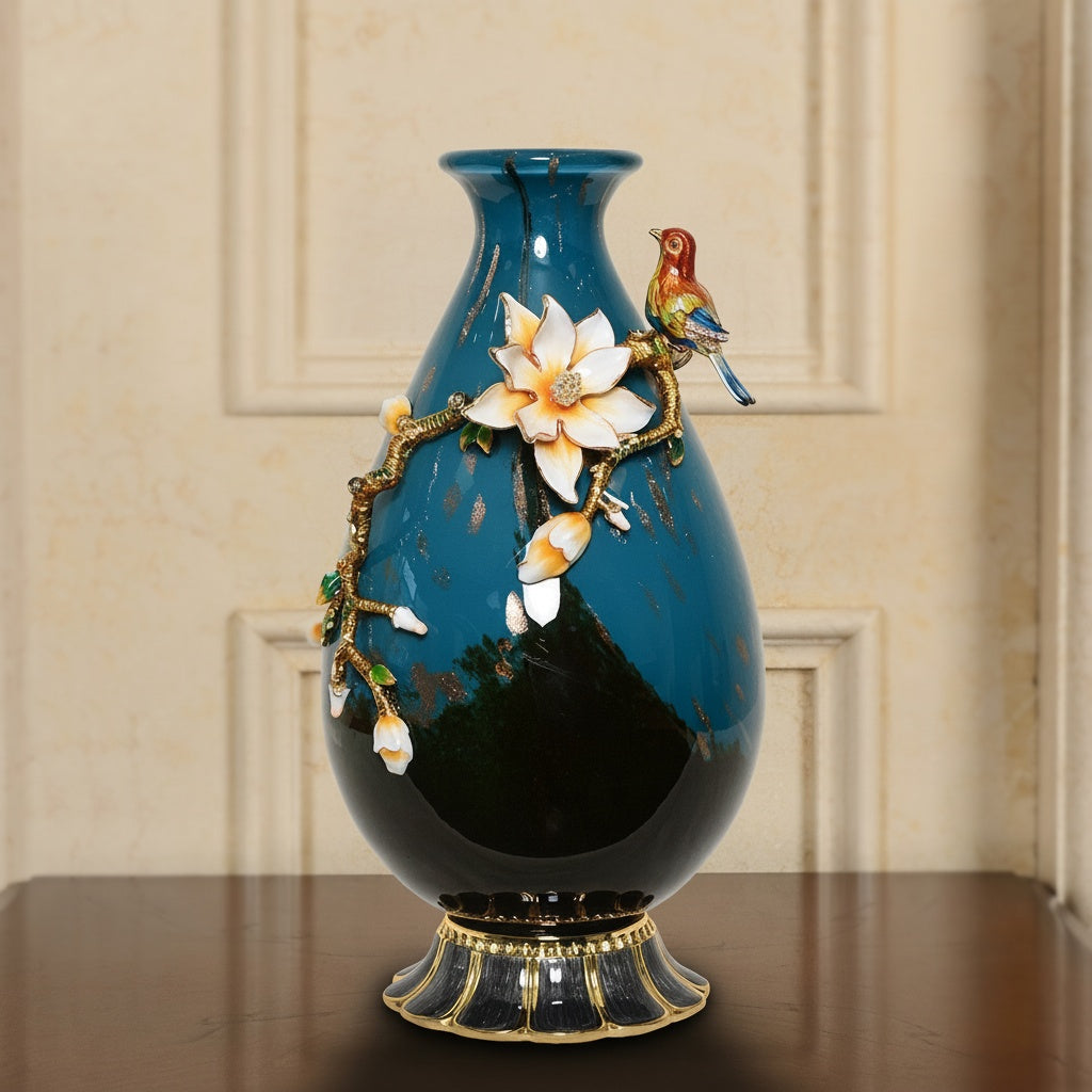 Deep Teal Enameled Floral Vase