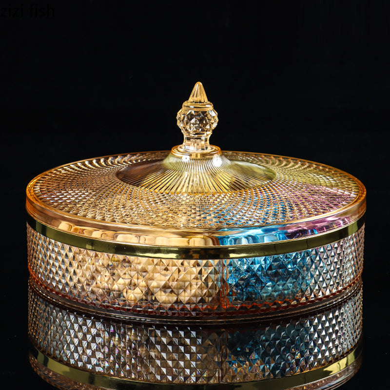 Amber glass divided serving dish with gold rim