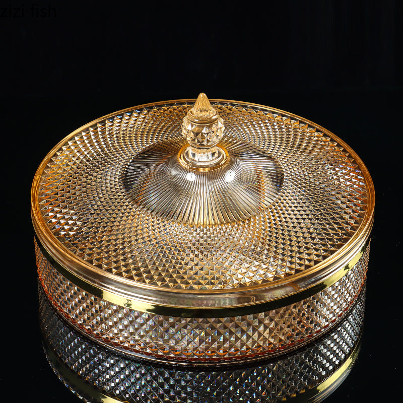 Angled view of amber glass lidded candy bowl