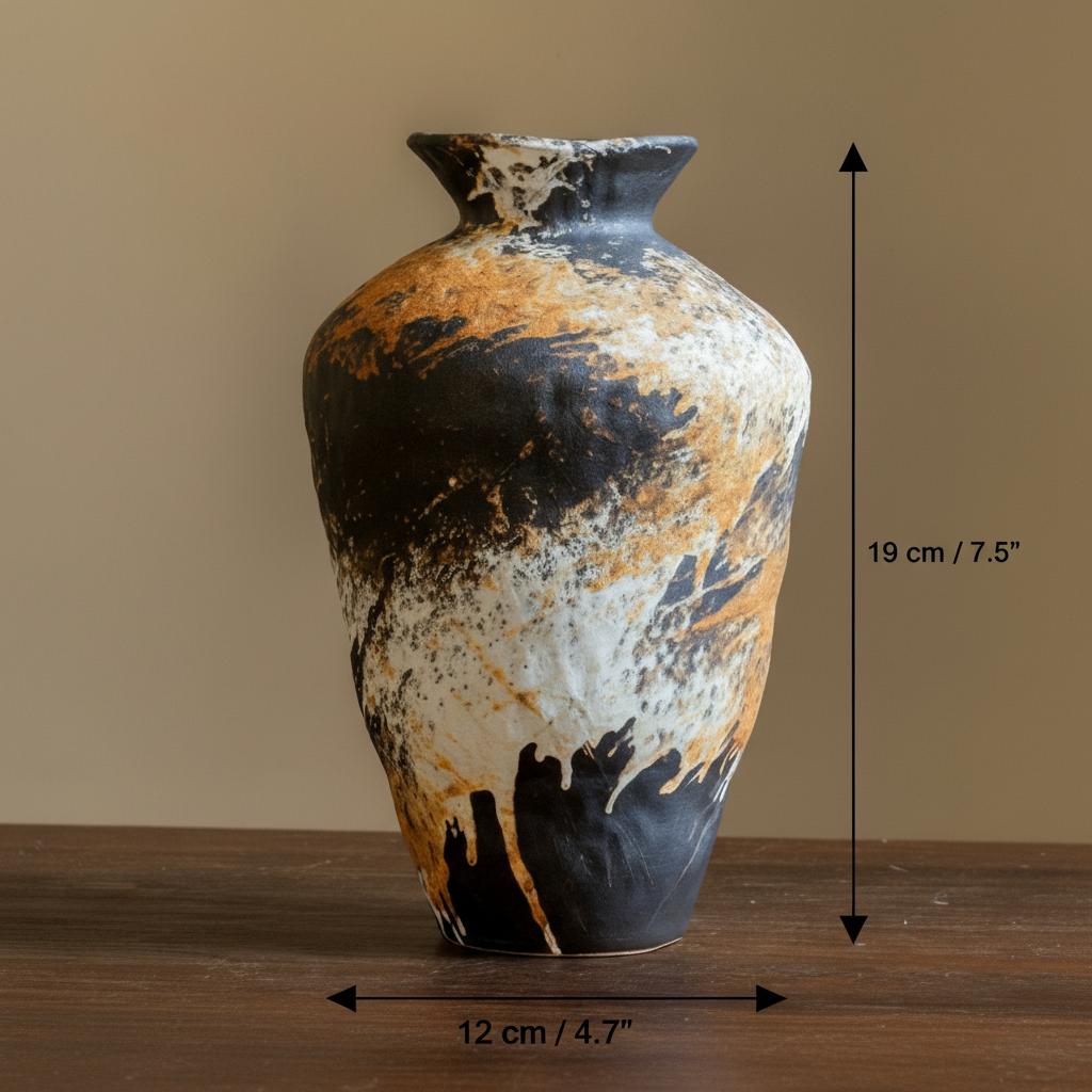 Large distressed ceramic vase with textured finish standing on wood surface