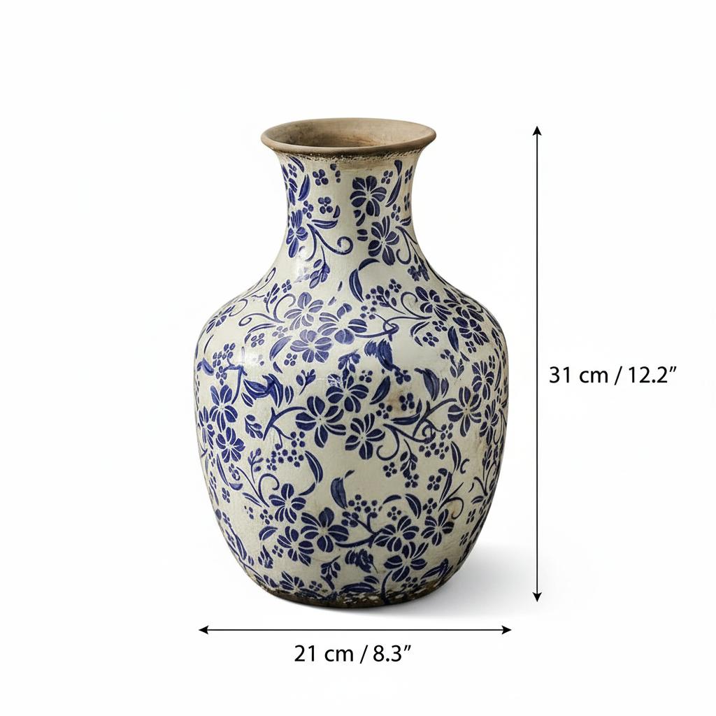 Large ceramic vase dimensions with blue floral pattern